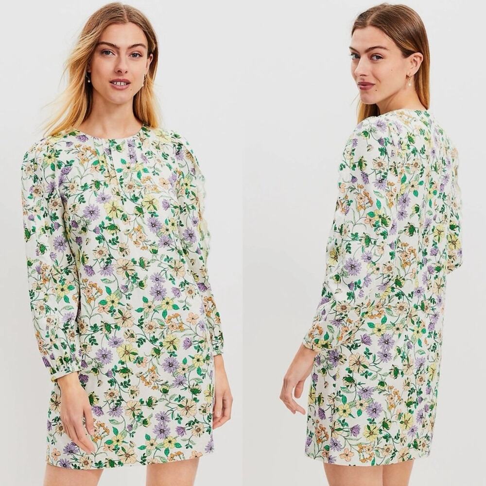 LOFT Long Sleeve Linen Blend Floral Shift Dress Green Purple Sz 18 NWT {3V39}